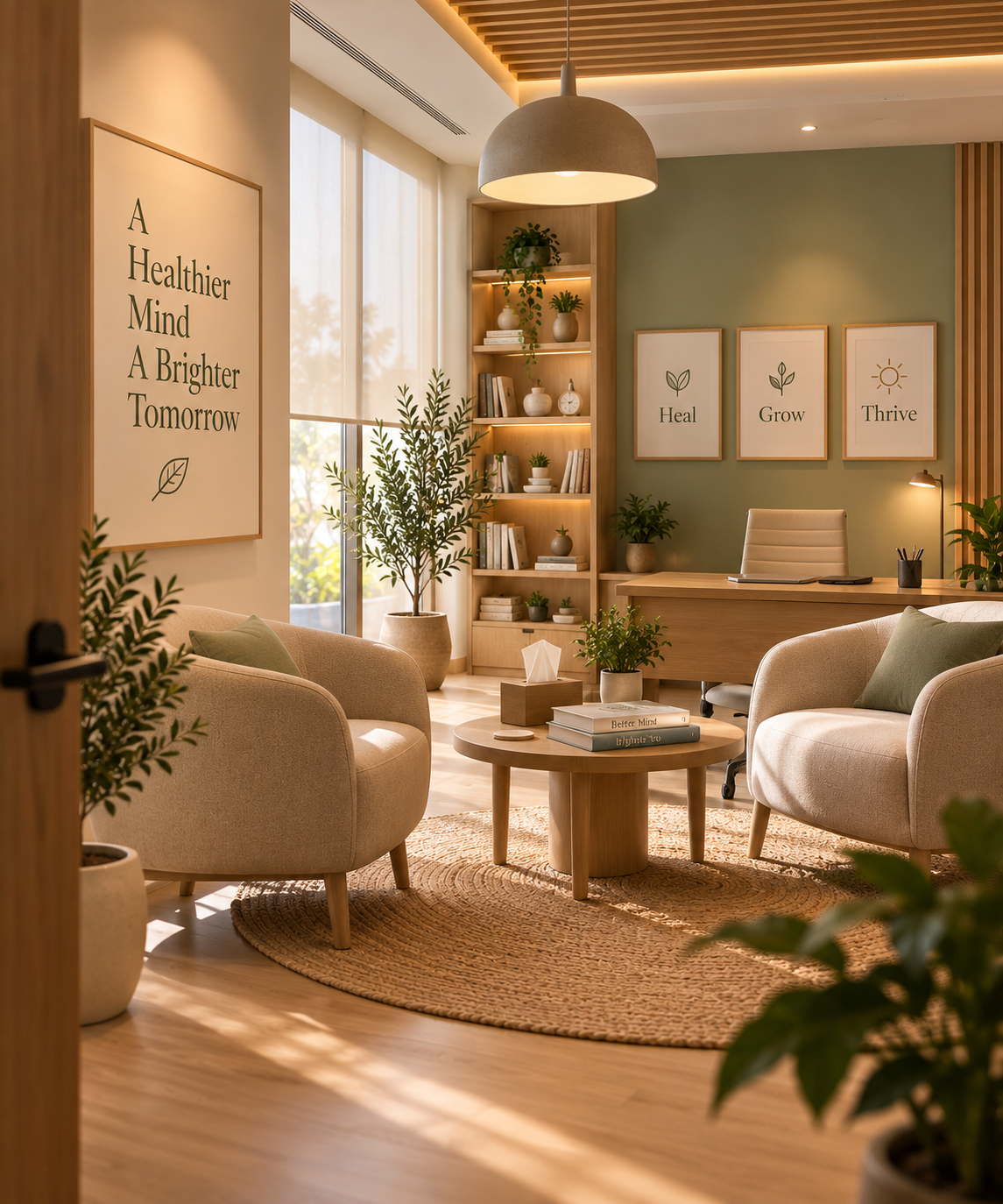 Calming, softly lit therapy consultation room with warm wood tones and comfortable seating