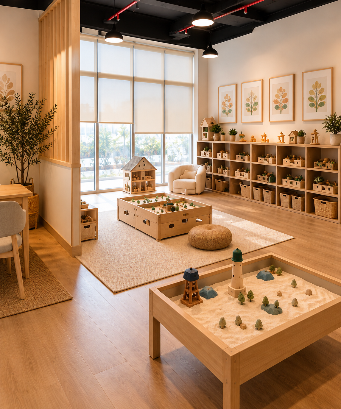 Bright, wood-toned playroom with toy shelves, natural light and soft rugs