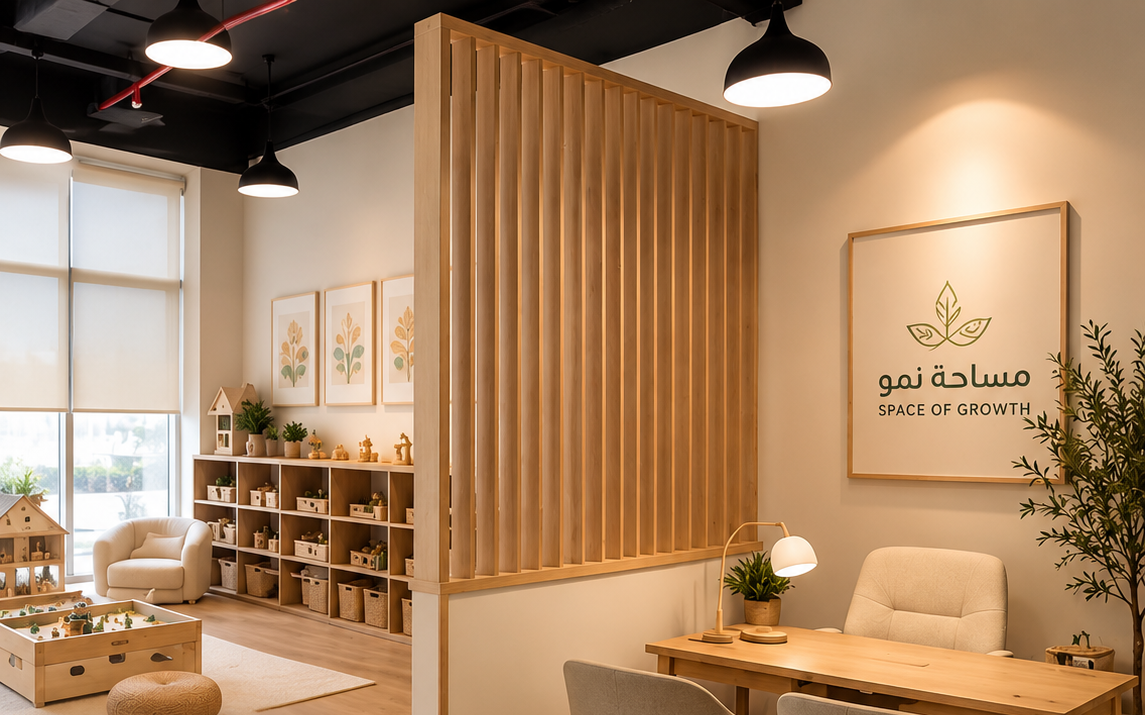 Warm reception and desk area with natural wood finishes